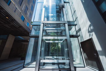 Glass elevator on the outside of the building. Modern new architecture.