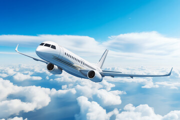 Fototapeta na wymiar Realistic photo of White Luxury generic design private jet flying over the earth. Empty blue sky with white clouds at background.