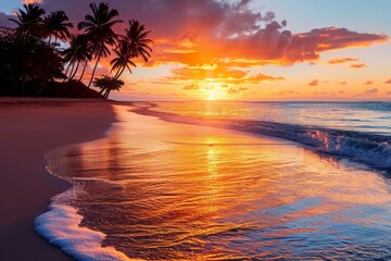 Sunset paradise on a tranquil beach with vibrant colors reflecting off the gentle waves, evoking serenity and natural beauty.