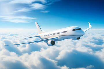 Obraz premium Realistic photo of White Luxury generic design private jet flying over the earth. Empty blue sky with white clouds at background.