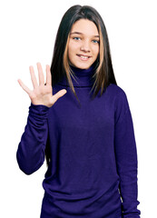 Young brunette girl with long hair wearing turtleneck sweater showing and pointing up with fingers number five while smiling confident and happy.