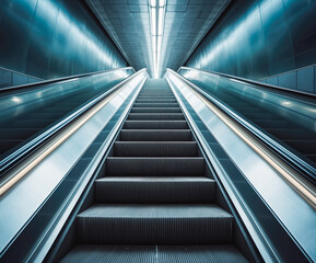 Top down view of moving up escalator in metro to airport. High density new concept of transport.
