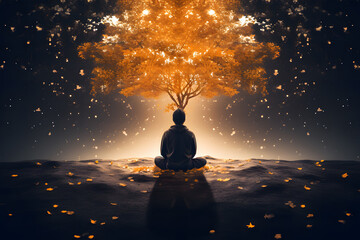Illustrate the transformative power of mindfulness. A person in meditation, an abstract tree emerging, each leaf embodies a profound mindful thought. - obrazy, fototapety, plakaty
