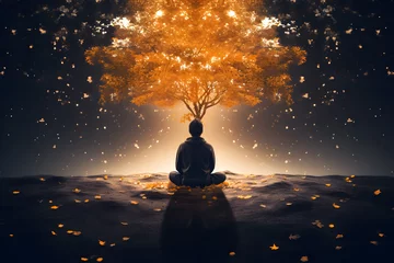 Foto op Plexiglas Illustrate the transformative power of mindfulness. A person in meditation, an abstract tree emerging, each leaf embodies a profound mindful thought. © Rathnayakamudalige
