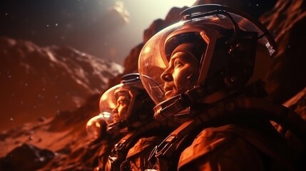 Astronauts in futuristic space suits are exploring the surface of Mars.