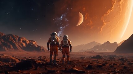 Astronauts in futuristic space suits are exploring the surface of Mars. - obrazy, fototapety, plakaty