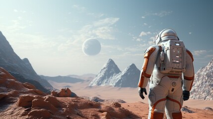 Astronauts in futuristic space suits are exploring the surface of Mars.