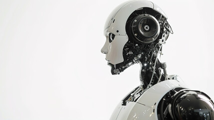 AI robot against a white background, he listens to Music with interest, stock image