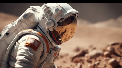 Astronauts in futuristic space suits are exploring the surface of Mars.