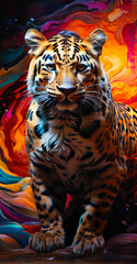 A beautifully designed leopard emerges, adorned with the vibrant colors of the electromagnetic spectrum, reflecting complex patterns of electromagnetic wavelengths.