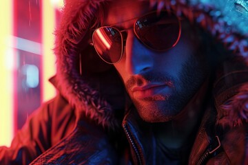 Close-up portrait of a man in urban winter wear with reflective sunglasses at night, neon city lights in the background.

