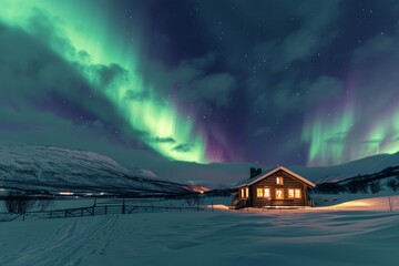 Aurora borealis dancing over a cozy cabin in a snowy winter landscape

