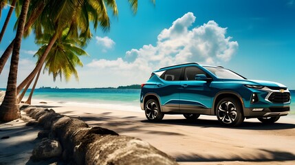 Blue sport SUV car parked by the tropical sea under umbrella tree. Summer vacation at the beach....