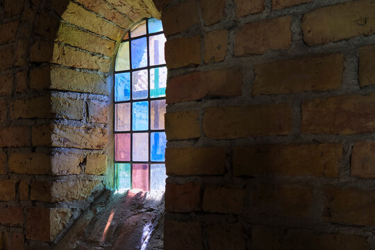 Stained glass window in the Boniface chapel in Dokkum Friesland The Netherlands. The church is dedicated to Saint Boniface, who was murdered near Dokkum in 754. 
