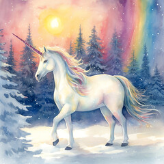 Naklejka premium Einhorn im Winterwald Aquarell Majestätisches Einhorn mit Regenbogenmähne Mystische Tierkunst Kinderzimmer Wandkunst Aurora Himmelsbild