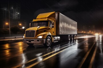 Delivery truck at night on highway. Generative AI