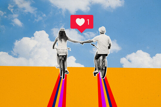 Artwork collage of black white colors lovers ride bike hold arms bonding like notification isolated on clouds sky background - Powered by Adobe