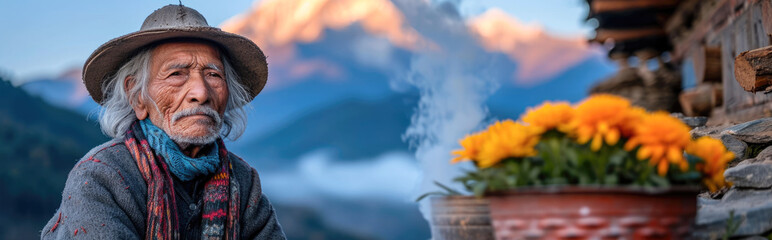 Old man with a pot of flowers on the background of the mountains