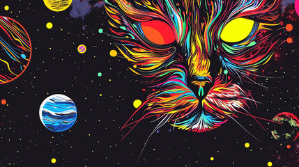 Fototapeta na wymiar Wow pop art cat face. Planets in space colorful background. Fantasy pop art