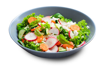 Vegetable Salad, Bright Summer Salad with Rice and Vegetables, Tasty Vegetarian Food on White Background