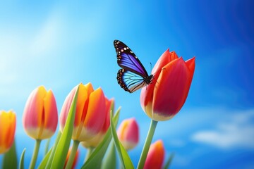 Colorful butterfly on tulip flower against blue sky - obrazy, fototapety, plakaty