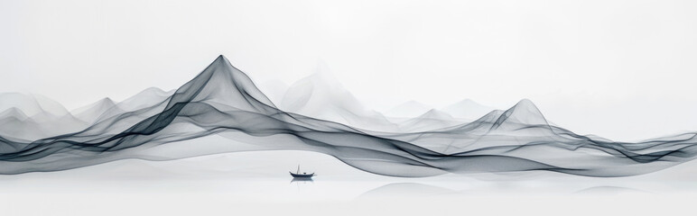 Abstract illustration of a boat with blue waves on a white background