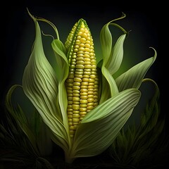 Yellow corn cob with Green leaf on dark background. Corn as a dish of thanksgiving for the harvest.