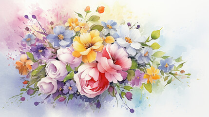watercolor style illustration of flower bouquet blossom, background wallpaper, color splash technique texture. Generative Ai