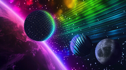Obraz premium Wow pop art disco ball. Planets in space colorful background. Pop art music concept, fantasy pop art
