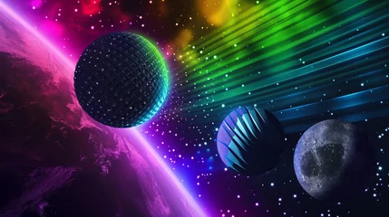 Poster Wow pop art disco ball. Planets in space colorful background. Pop art music concept, fantasy pop art © Furkan