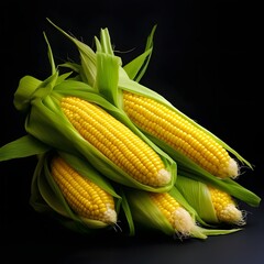 Five yellow corn cobs in leaf on black background isolated. Corn as a dish of thanksgiving for the harvest.