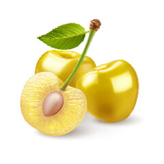 Three ripe sweet Cherrys with green leaf on white. The cherries are both a deep yellow color with smooth, shiny skins. The halved cherry reveals the juicy light yellow flesh and the small pit