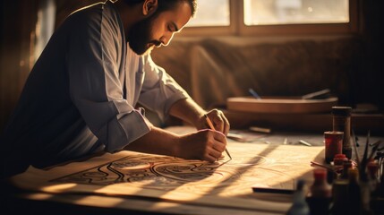 Traditional calligraphy artist at work during Ramadan