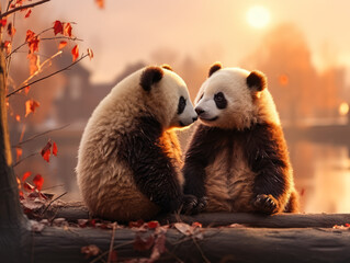 Two pandas on a log with leaves, warm sunset backdrop. Wildlife love romance concept. Generative AI
