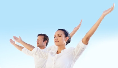 Outdoor yoga, sky and couple meditate for spiritual peace, self care and yogi healing of soul, aura...