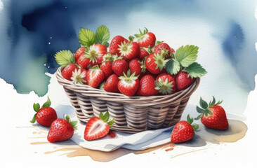 fresh fruits, healthy eating, watercolor illustration. basket full of strawberries with leaves