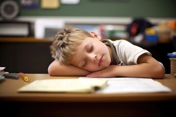 Obraz na płótnie Canvas a young boy having a nap on his desk in class