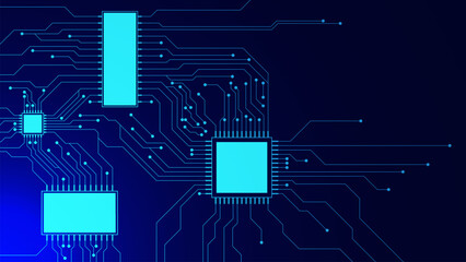 Blue circuit board with microchip processor. Big data visualization. Quantum computer and digital technology concept on dark blue background.