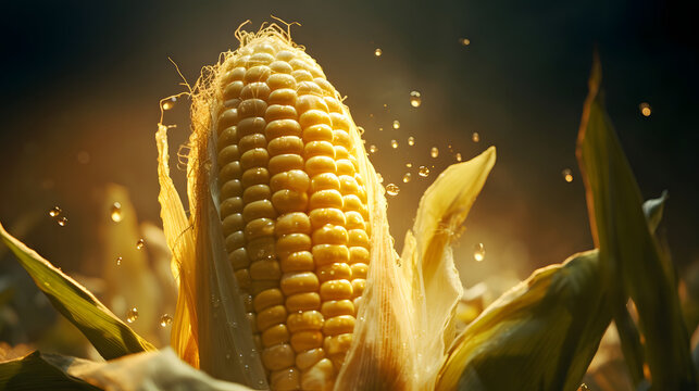 A close-up view of the yellow corn cob and its kernels. Corn as a dish of thanksgiving for the harvest.