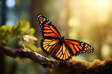 Fototapeta na wymiar Orange monarch butterfly resting on stick