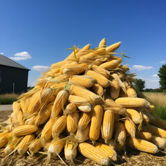 A giant pile stacked with peeled yellow corn cobs in a farm, field. Corn as a dish of thanksgiving for the harvest.