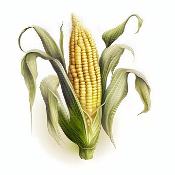 Illustration of corn cob with green leaf. Corn as a dish of thanksgiving for the harvest, picture on a white isolated background.