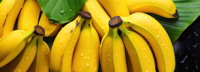 Closeup View of Fresh Yellow Bananas with Vibrant Leaves, A Tropical Delight - Ideal for Fruit Backgrounds and Natural Food Themes

