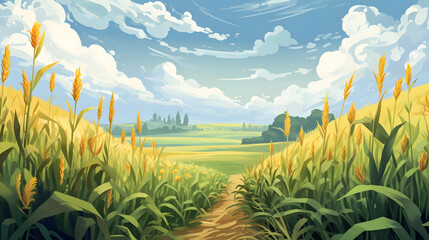 Illustration of corn field with meadow. Corn as a dish of thanksgiving for the harvest.