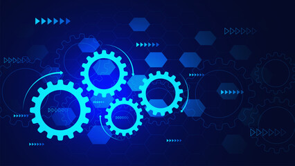 Futuristic gear wheel with arrow and hexagons pattern. Mechanism maintenance and technology engineering concept background.