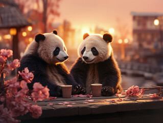Pandas with coffee cups in a sunset cityscape, whimsical friendship concept. Generative AI