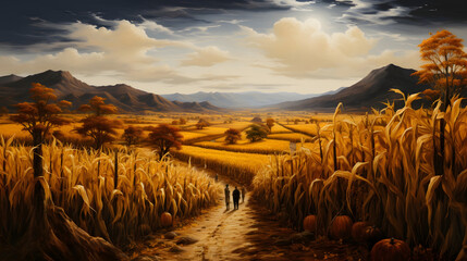 A view of a corn field stretching to the tops of the mountains and two people walking along a path. Corn as a dish of thanksgiving for the harvest.