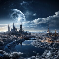 Photo of a cityscape in a winter wonderland. Generative AI