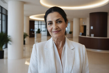 female old age middle eastern hotel receptionist or manager standing in lobby with reception. welcoming guests, offering services or checkin. tourism and travel concept.