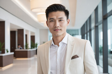 male young age east asian hotel receptionist or manager standing in lobby with reception. welcoming guests, offering services or checkin. tourism and travel concept.